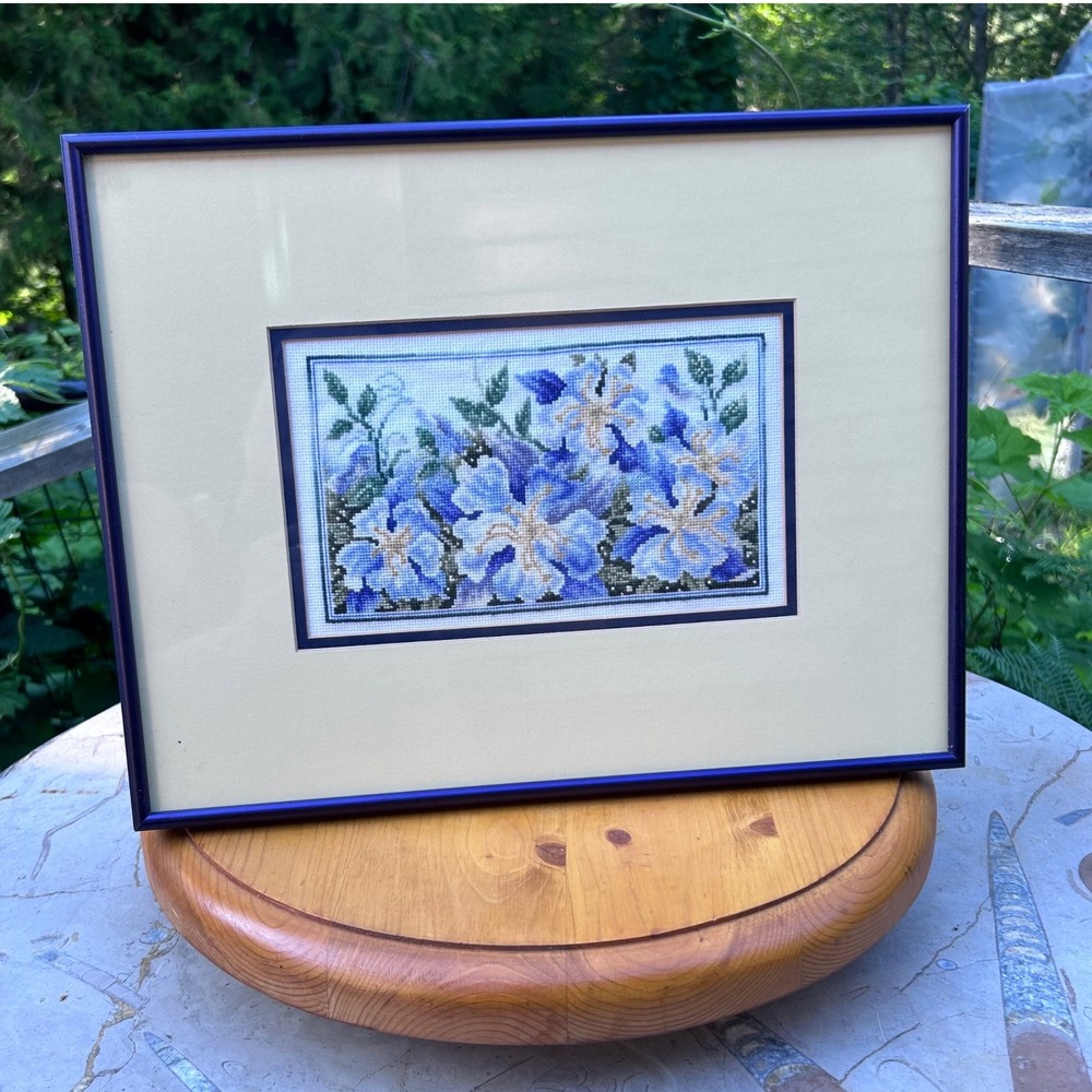 Vintage Cross Stitch Blue Iris Framed Art Cottagecore Botanical Stoney Creek